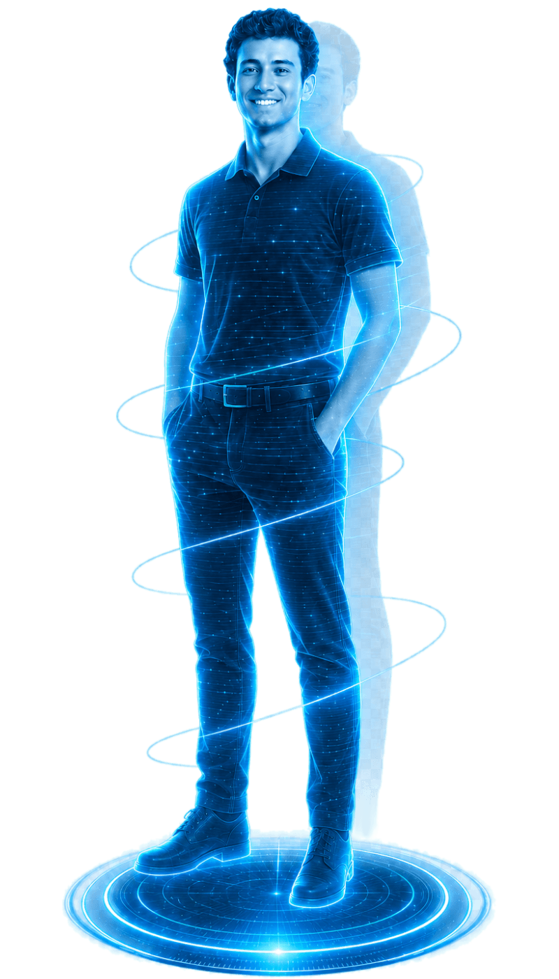 Cole Kirkpatrick rendered as a blue hologram